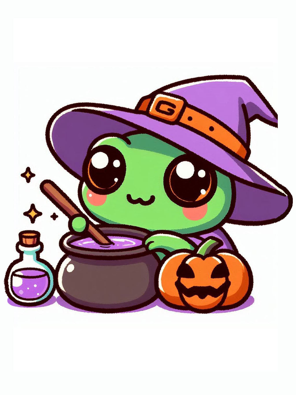 halloween frog drawing ideas with a cute frog in a witch hat, stirring a cauldron